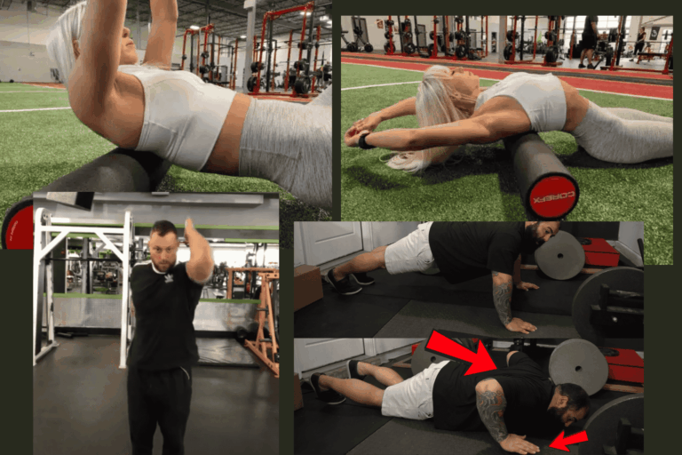 Bench press warm up exercises, shown by coaches.