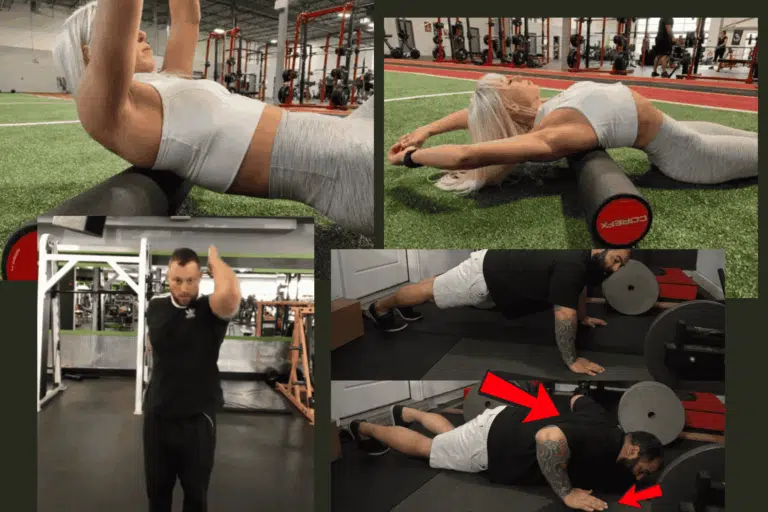 Bench press warm up exercises, shown by coaches.