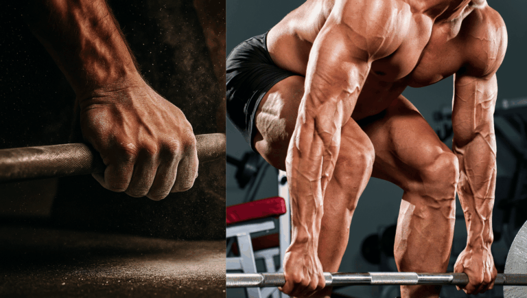 Two powerlifters prepare for deadlift with the barbell still on the ground.