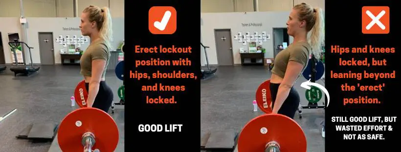 Side-by-side photos showing the proper erect position with hips, shoulders, and knees locked and an incorrect position leaning beyond the erect position.