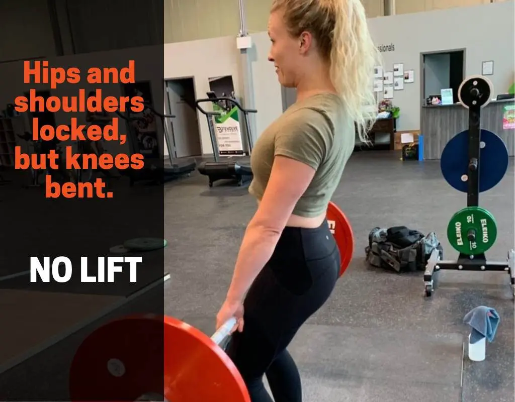 Hips and shoulder locked, knees bent, with text showing "no lift" because of the deadlift rules used in powerlifting.