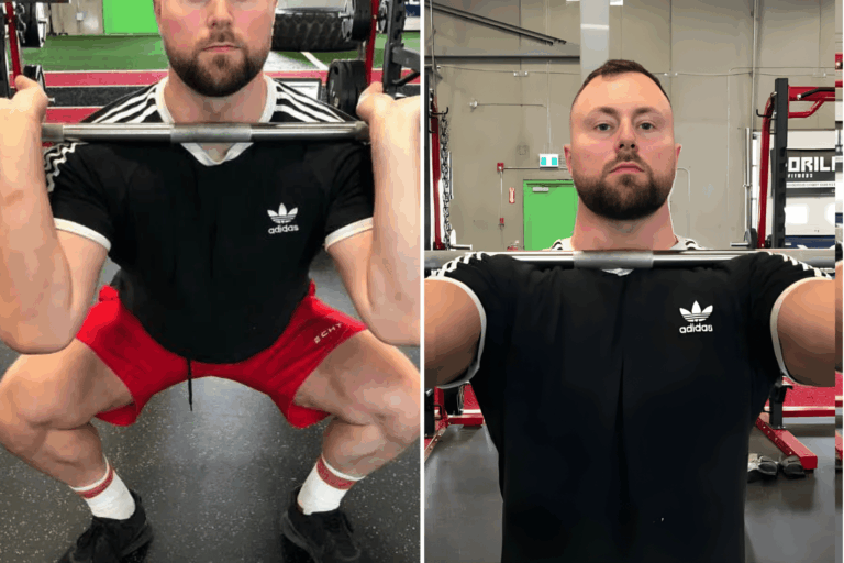 side by side images of a powerlifter doing front squats