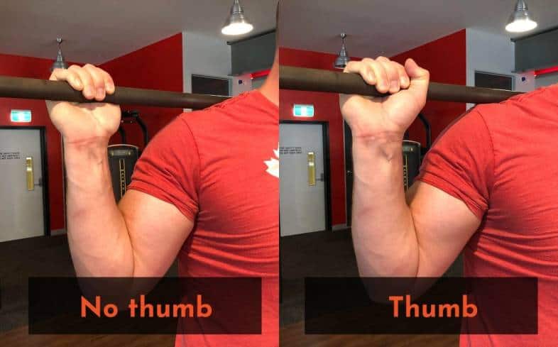 Using a thumbles grip where the thumb wraps under the bar