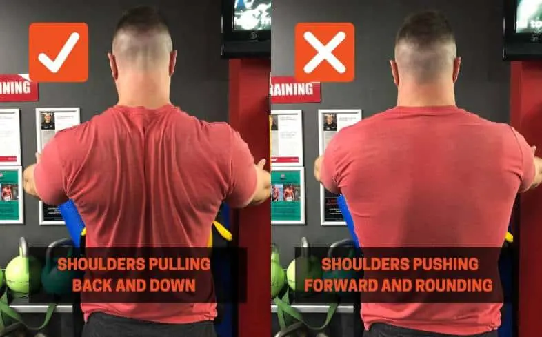 Bench press cue showing the shoulder position being down and back not pushing forward