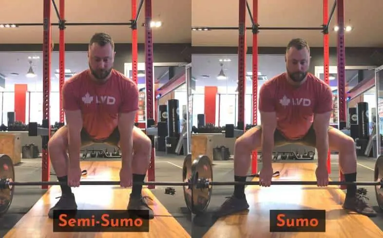 The semi sumo deadlift has a narrower stance than the standard sumo deadlift