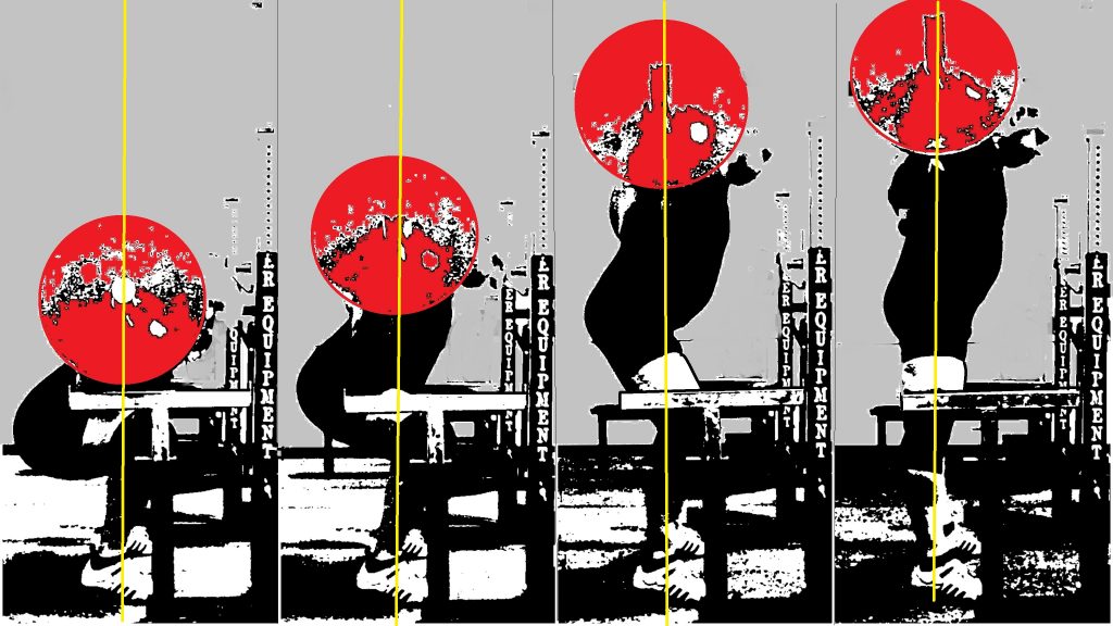 In the top or bottom of the squat the barbell is shown to be over the mid part of the foot