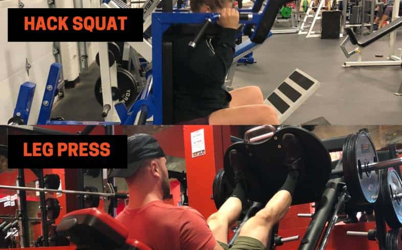 in the hack squat and leg press, the lifter is leaning back at a 45 degree angle and laying down with their legs up at 45 degrees, respectively