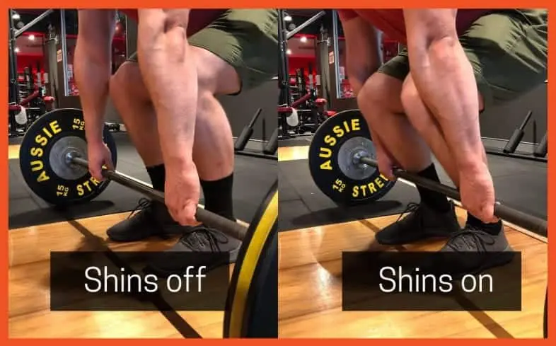 keeping the barbell on your shins will put you in the best possible position to use your quads off the floor