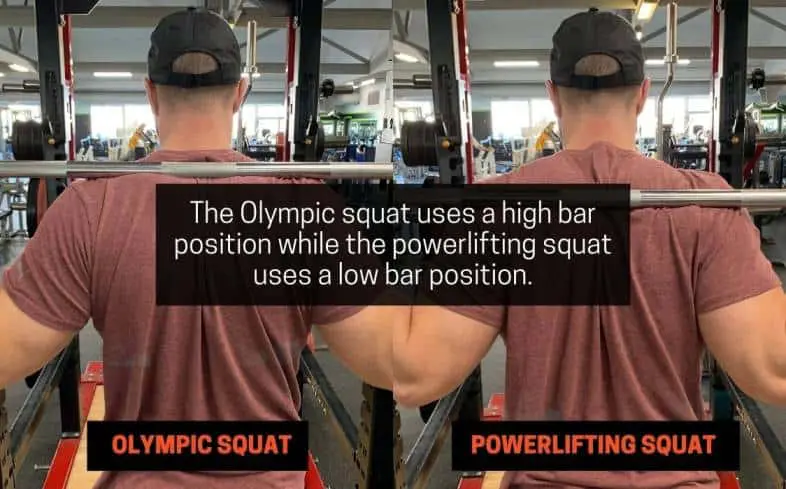 olympic squat uses a high bar position while the powerlifting squat uses a low bar position