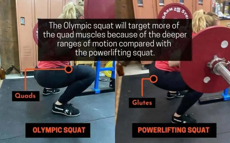 olympic squat will target more of the quad muscles because of the deeper ranges of motion compared with the powerlifting squat