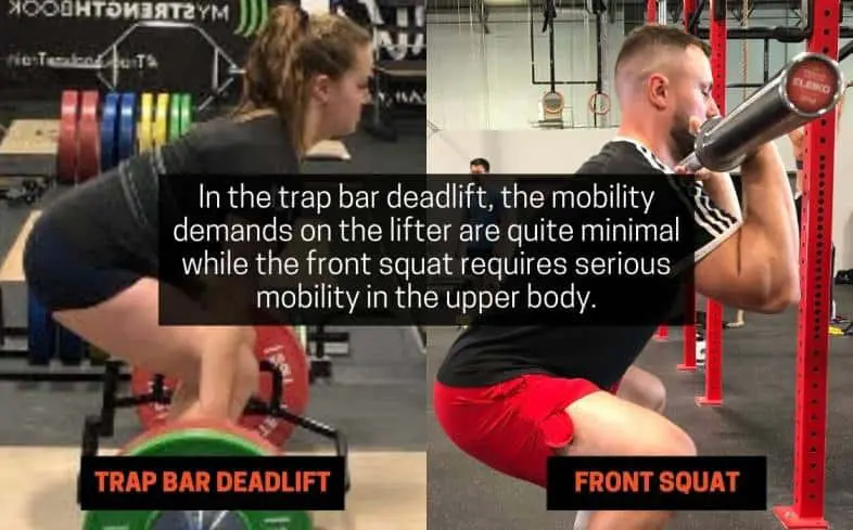 in the trap bar deadlift, the mobility demands on the lifter are quite minimal while the front squat requires serious mobility in the upper body