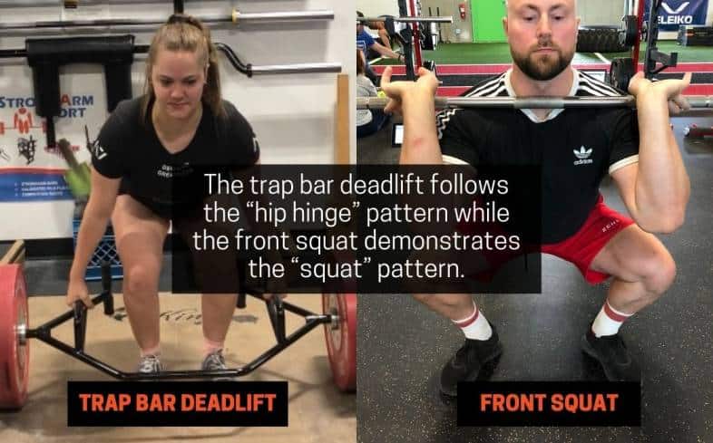 trap bar deadlift follows the hip hinge pattern while the front squat demonstrates the squat pattern