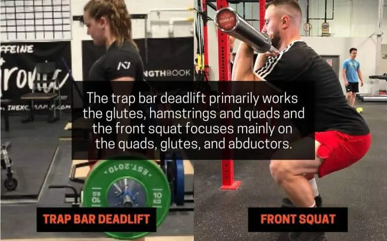 trap bar deadlift primarily works 
the glutes, hamstrings and quads and the front squat focuses mainly on the quads, glutes, and abductors