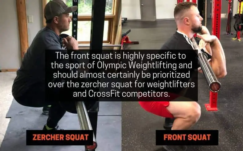 front squat is highly specific to the sport of olympic weightlifting and should almost certainly be prioritized over the zercher squat for weightlifters and crossfit competitors
