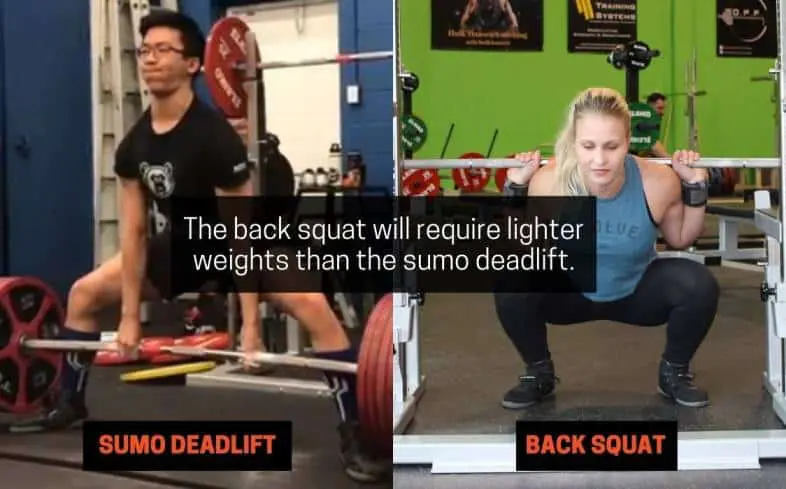 the back squat will require lighter weights than the sumo deadlift