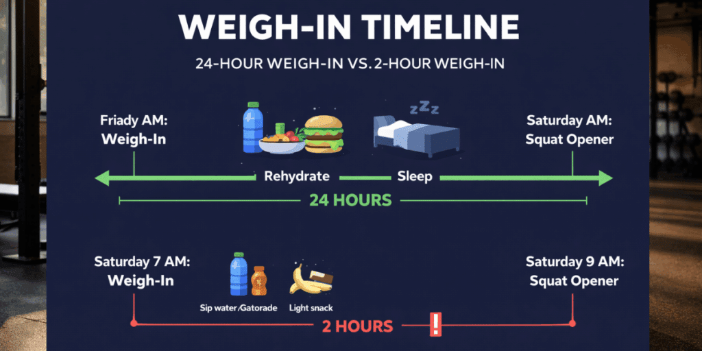Weight classes for powerlifting: A diagram showing the 24-hour weigh in vs 2-hour weigh in strategy for powerlifters.