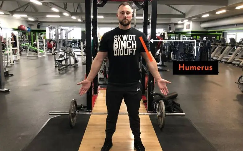 the longer the humerus, the lower the elbow is and so the lower the barbell will touch on your chest
