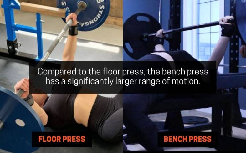 compared to the floor press, the bench press has a significantly larger range of motion.
