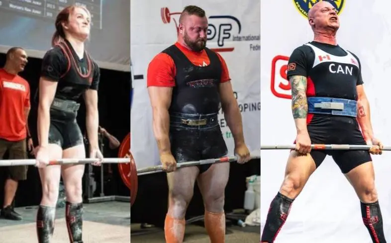 Three powerlifters perform deadlifts in different weight classes. This shows how deadlift strength varies.