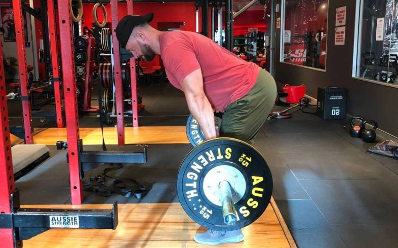 the romanian deadlift starts from a standing position and is solely a hip hinge where you pull your hips back and then forward and into the bar