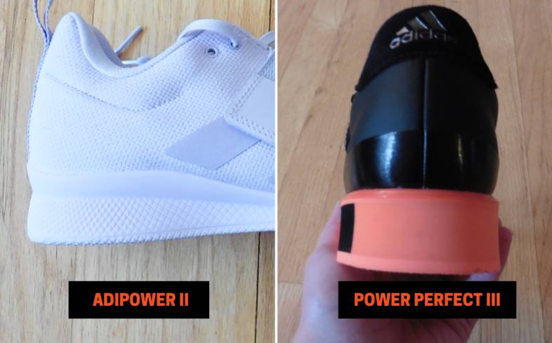 the adipower II’s and power perfect III’s both have a heel height of 0.75”