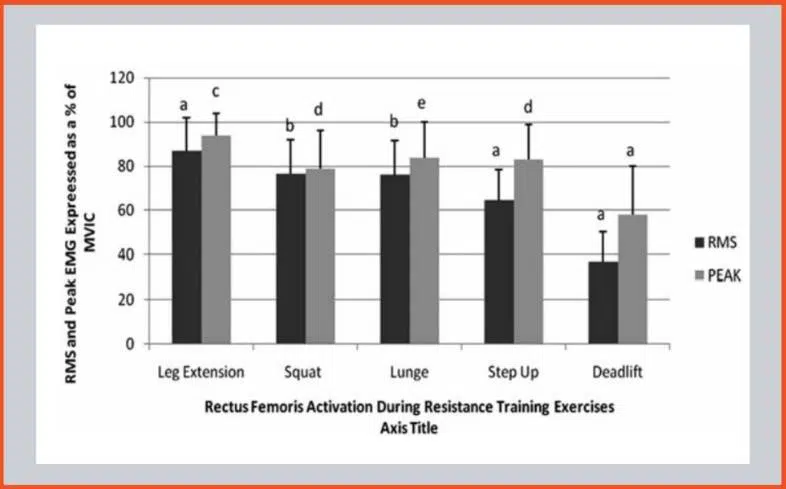comparison of rectus femoris or quad activation between the squat, deadlift, lunge, step up, and leg-extension.