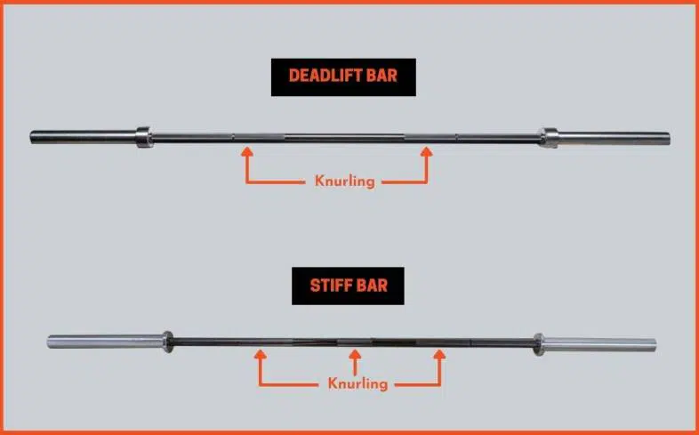 deadlifts bars have no center knurling, stiff bars do