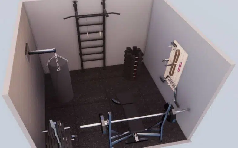 100 square foot home gym floor plan angle view