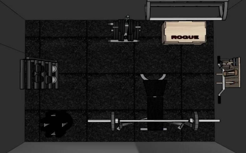 3D look of the 120 square foot home gym when viewed from overhead