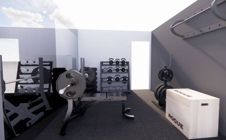 120 square foot home gym when viewed from the back
