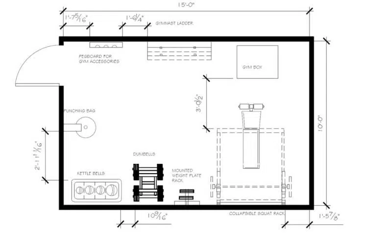 2D version of 150 square foot home gym