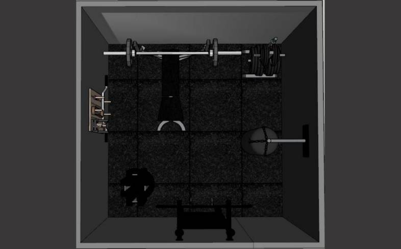 100 square foot home gym floor plan 3D overhead
