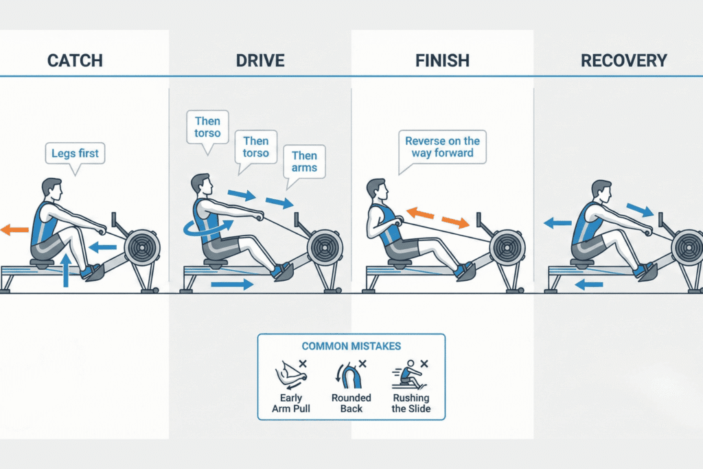 A diagram showing how to use a rowing machine.