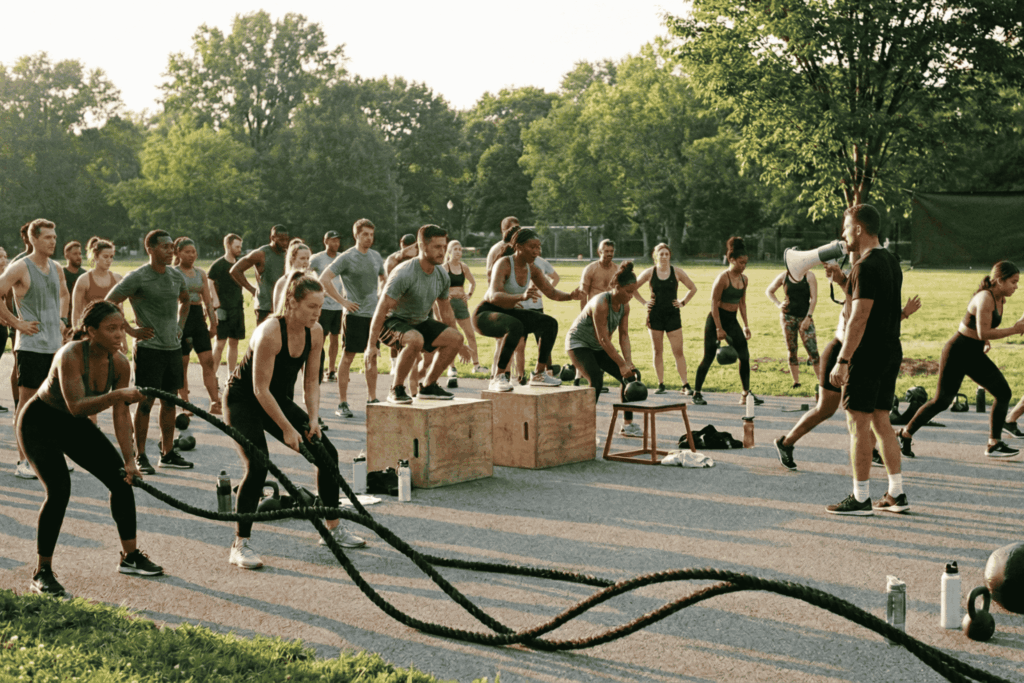 An outdoor group training with ropes, jump boxes, and professional trainer.