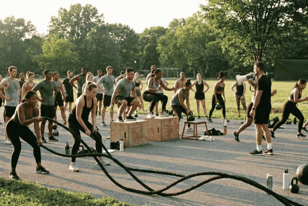 An outdoor group training with ropes, jump boxes, and professional trainer.