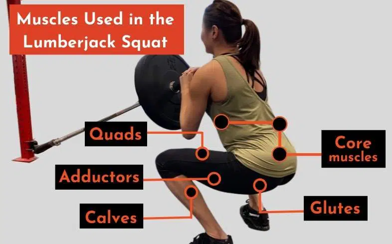 The muscles used in the lumberjack squat are glutes, quads, adductors, core and calves