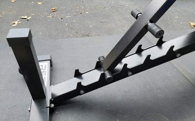the rep fitness ab-3100 bench can be adjusted to six different positions from flat to 90 degrees with a ladder