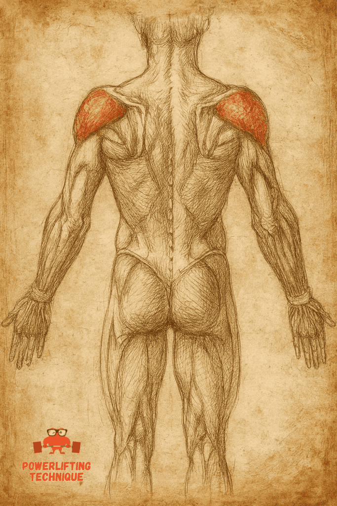 A sketch showing the where to find the rear delts. The rear deltoids are a portion of the muscle fibers that make up the deltoids. 