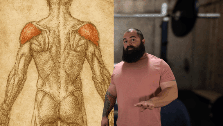 A professional strength coach stands next to a sketch of weak rear delts.