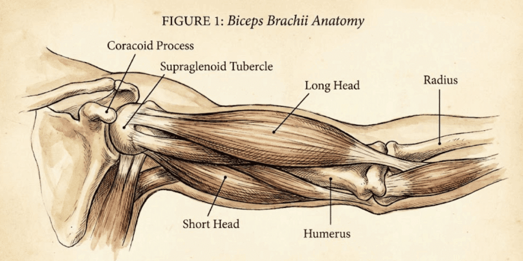 a drawing of biceps brachii anatomy showing long and short heads 