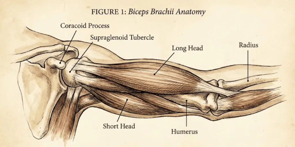 a drawing of biceps brachii anatomy showing long and short heads