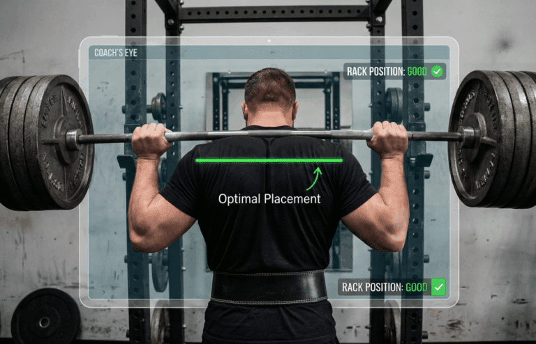 A digital overlay draws a green correction line across the rear delts, indicating proper bar placement for squats.