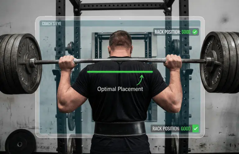 A digital overlay draws a green correction line across the rear delts, indicating proper bar placement for squats.