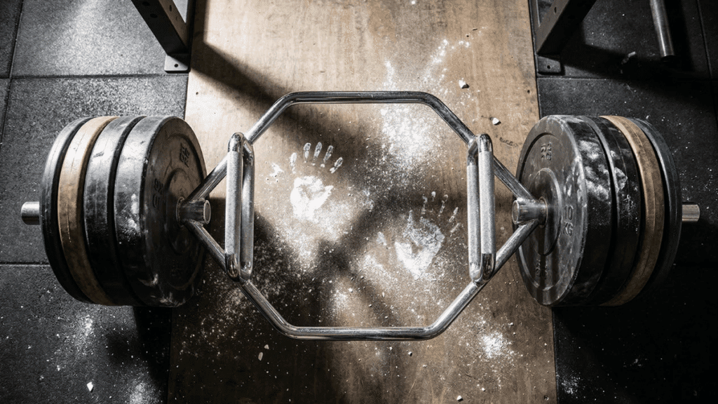 A rendering of a trap bar with chalk hand prints on the floor in the center.