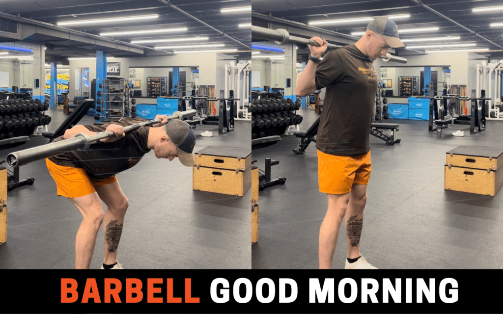 Barbell Good Morning is one of the best leg curl alternatives, taken by Jake Woodruff, Strength Coach