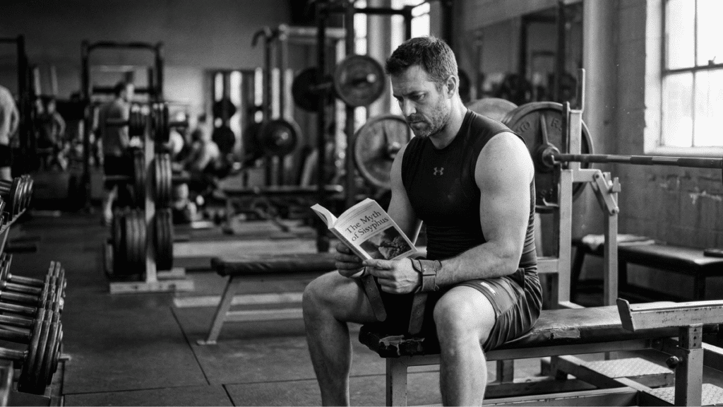 A weightlifter reading a book in the gym.