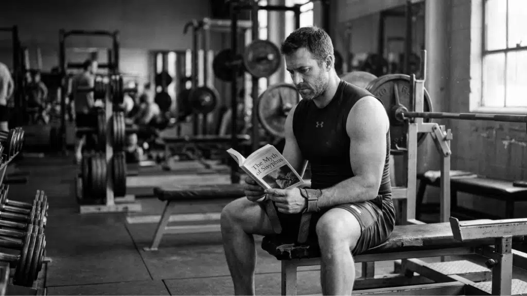 A weightlifter reading a book in the gym.