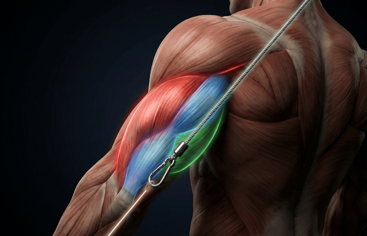 The three heads of the triceps are color-coded: Long Head (Red), Lateral Head (Blue), Medial Head (Green).