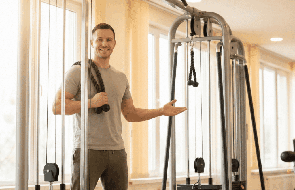 A coach shows a cable machine for tricep workouts.