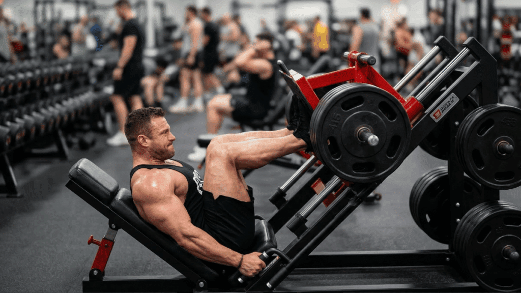 A lifter using a 45 degree leg press at the gym, with weights.